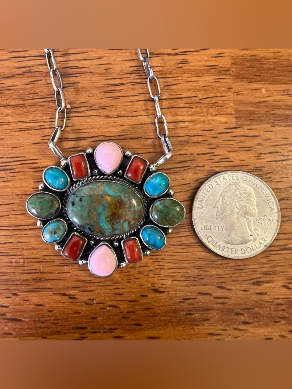 925 Sterling Silver Multi Stone Cluster Necklace Turquoise, Pink Conch, Coral - Picture 12 of 13